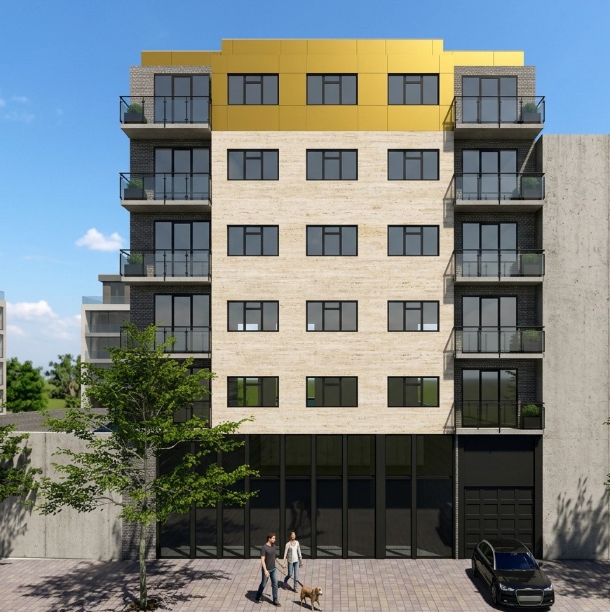 Vue depuis la rue avec socle commercial