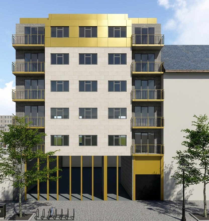 Rendu façade avant avec volume de toiture laiton